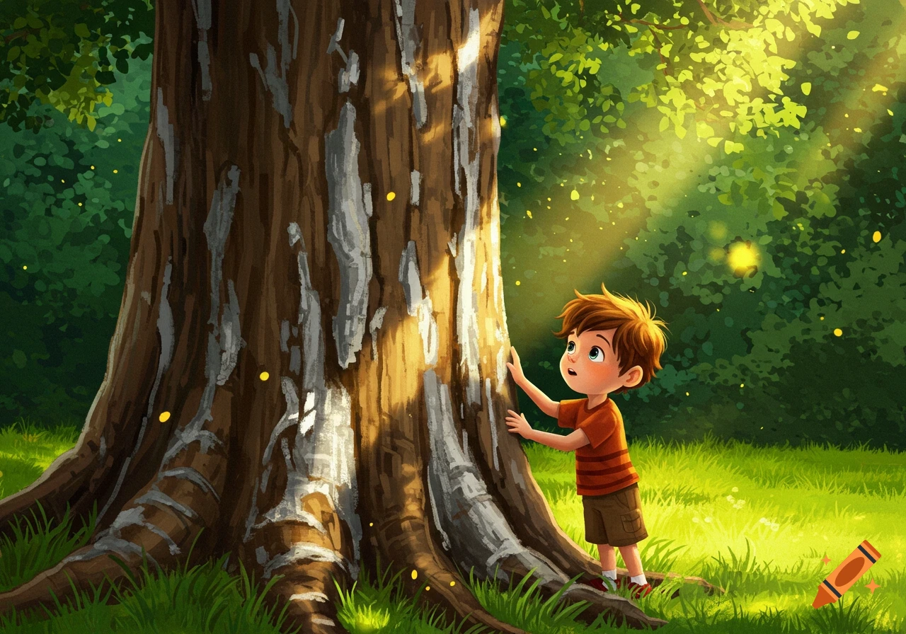 An illustrated scene of a young boy looking up at a majestic tree in a sunlit forest, with glowing yellow specks in the air.