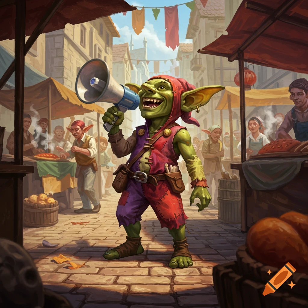A cheerful green goblin in a red outfit holds a megaphone in a bustling fantasy marketplace, with stalls and other creatures in the background.