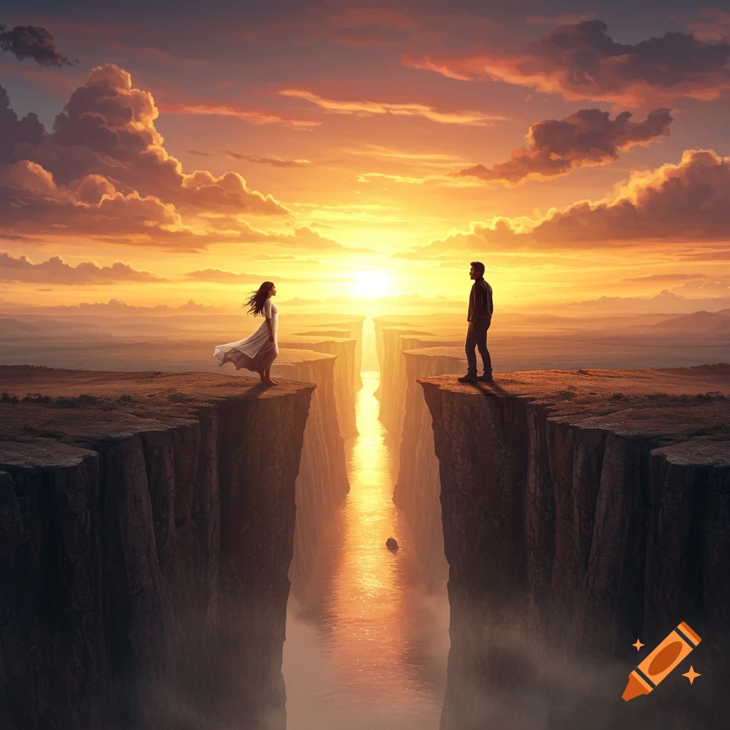 A man and a woman stand on opposite sides of a vast cliff chasm at a vibrant sunset, a river of light flows below.
