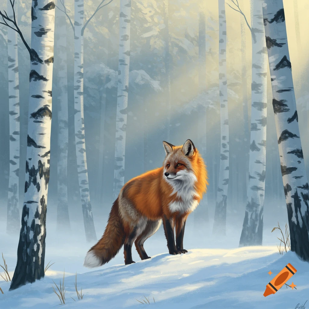 A red fox with winter fur stands in a snowy forest with birch trees and sunlight filtering through the mist.