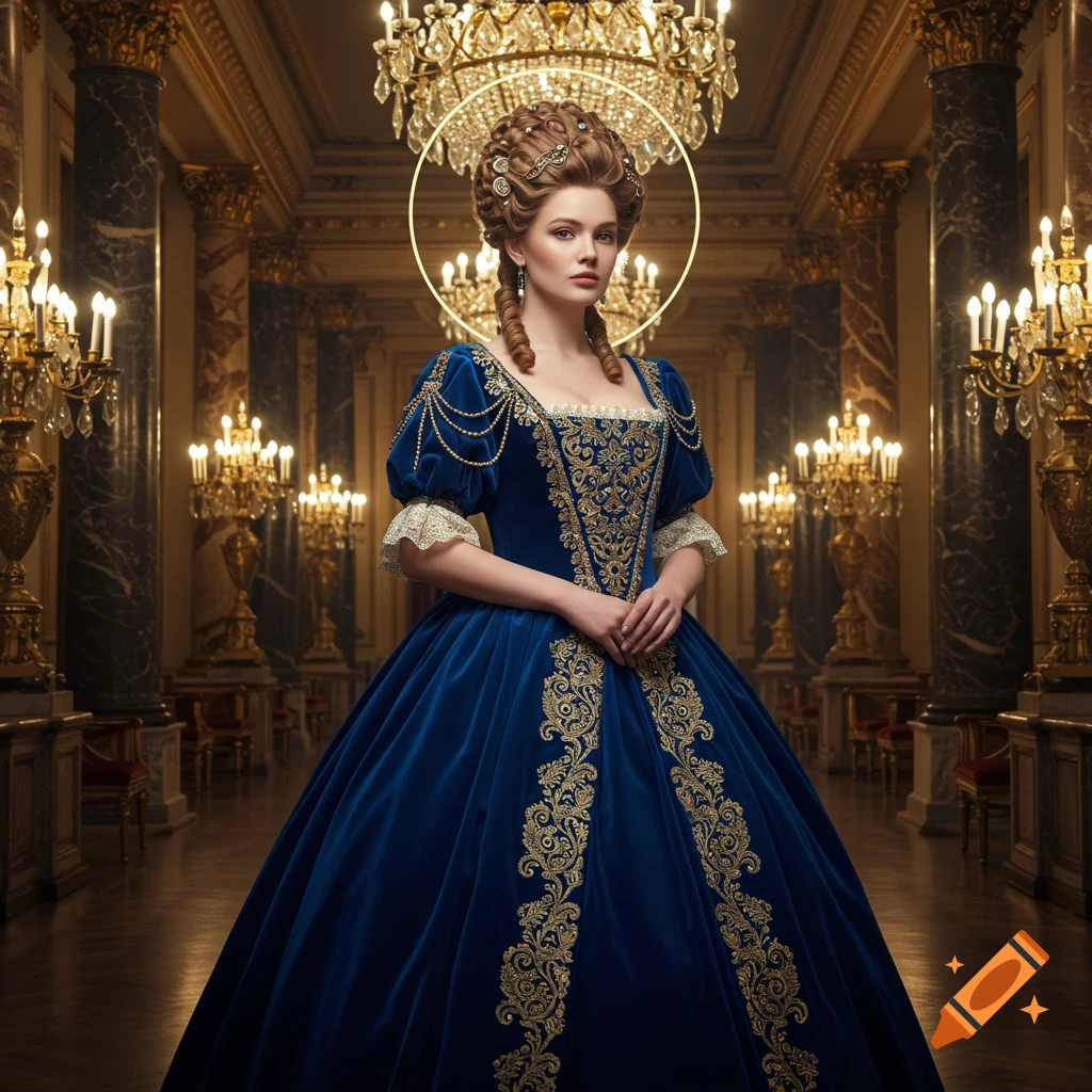 A photorealistic portrait of a woman in a blue and gold historical gown standing in a grand, ornate palace hall.