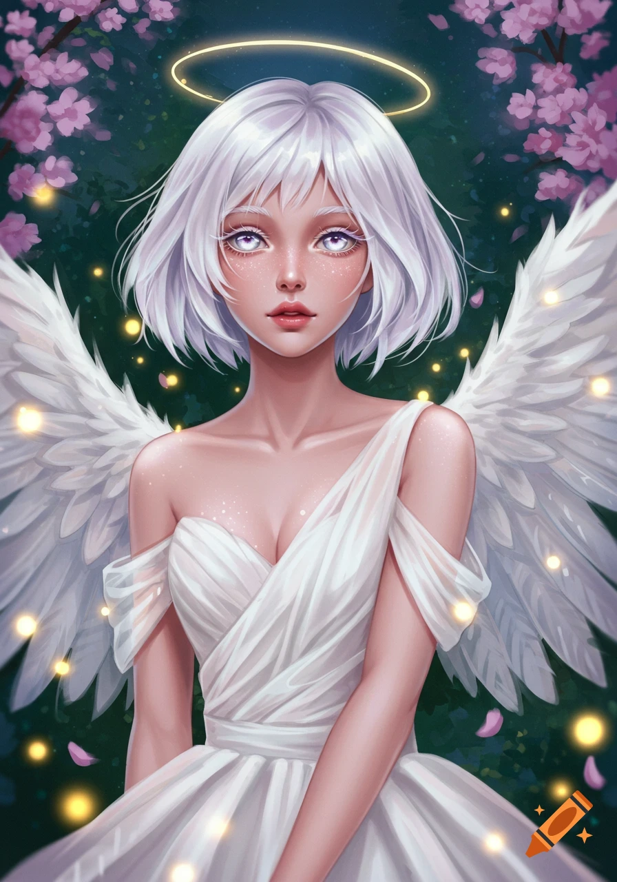 Digital art portrait of a white-haired angel in a white dress with large wings and a halo, surrounded by pink flowers and glowing lights.