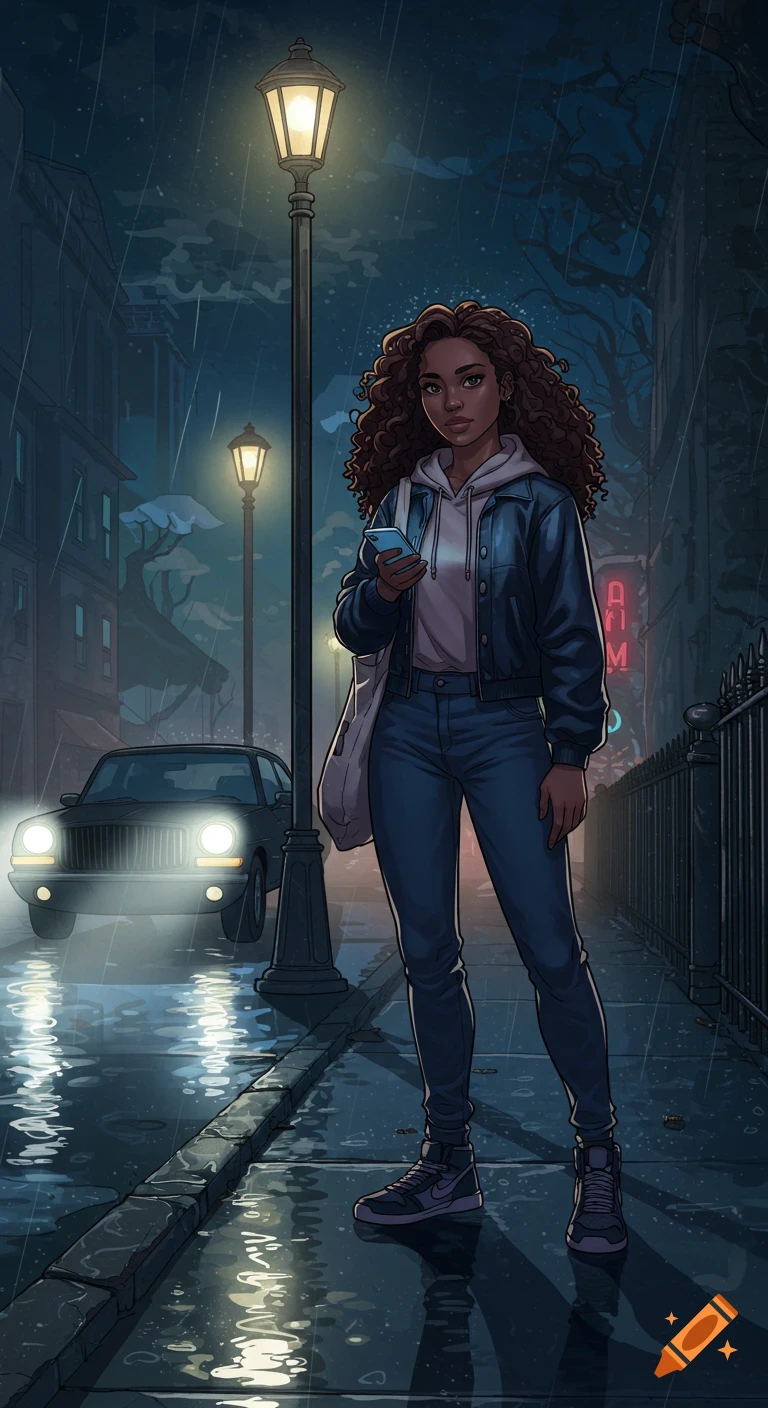 A young woman with curly hair stands under a streetlight on a rainy urban street at night, holding a phone. A black car with headlights on is behind her. Stylized cartoon.