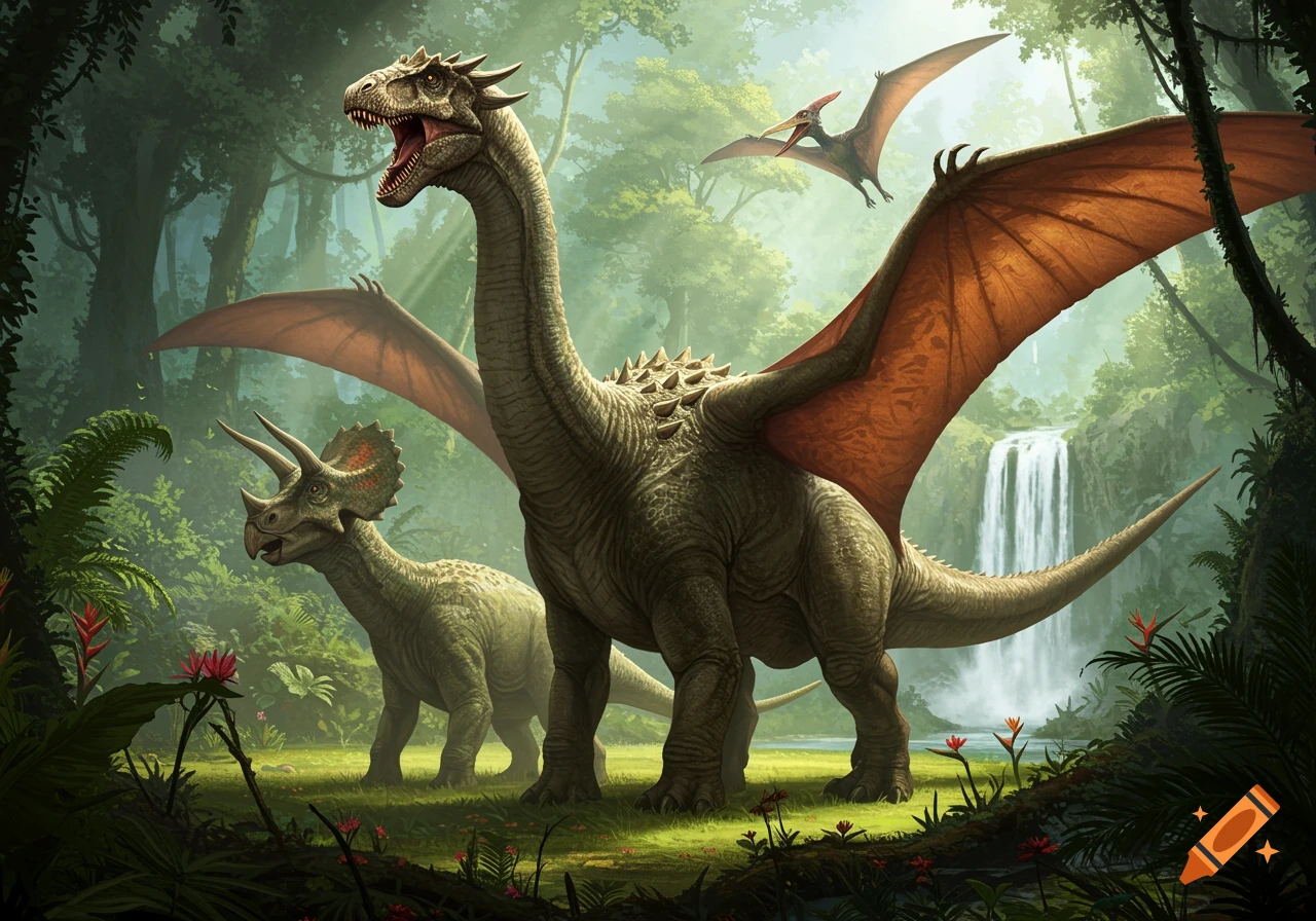 A large winged dinosaur with spikes and a long neck stands in a lush jungle with a triceratops and a pterodactyl flying above.
