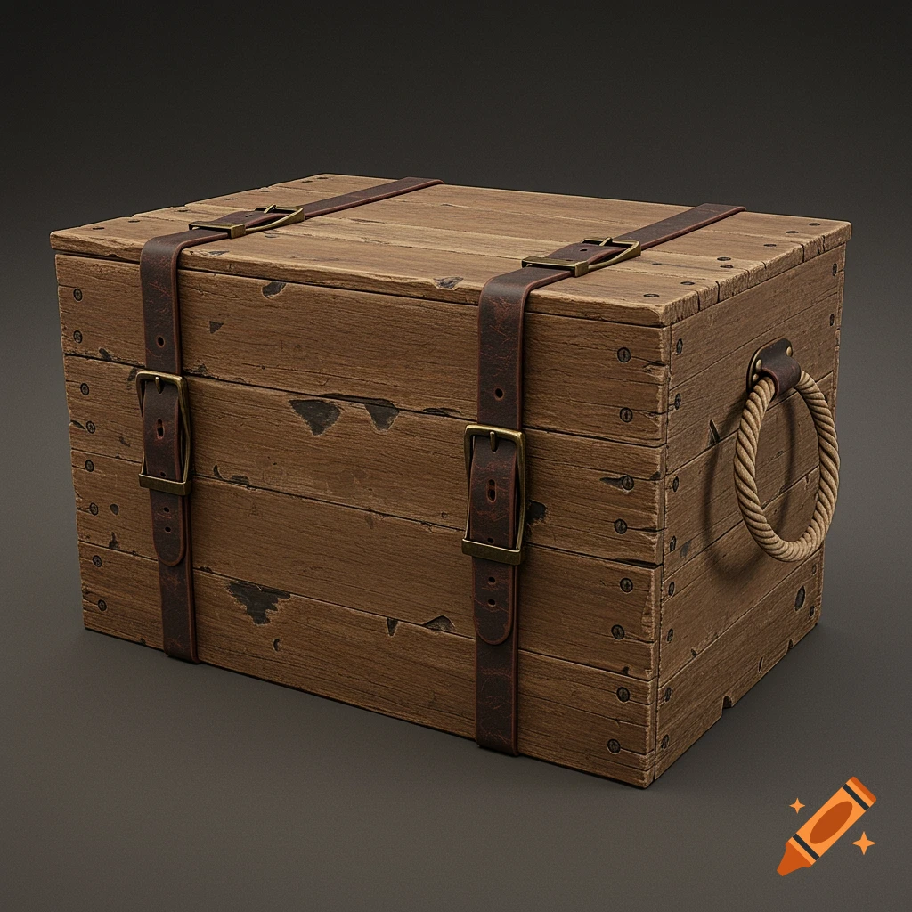 Photorealistic image of a distressed wooden box with leather straps and buckles, and a coiled rope handle.
