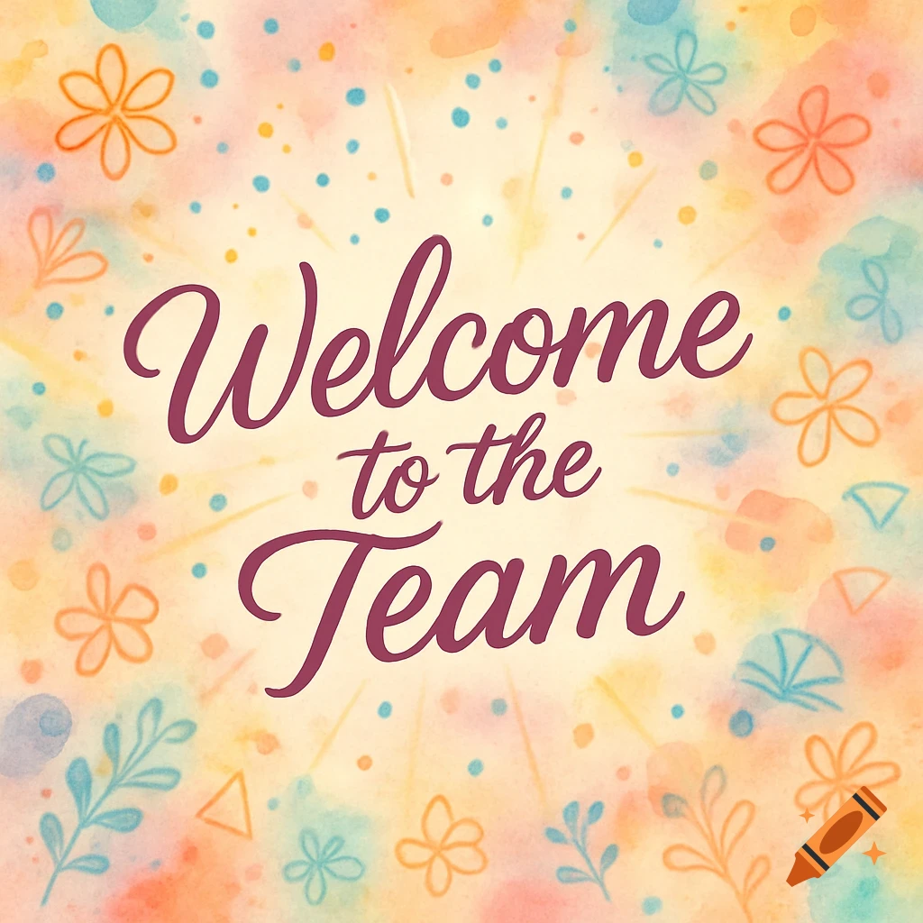 Watercolor card with purple text "Welcome to the Team" on a yellow background with colorful floral accents.
