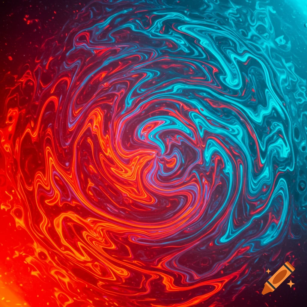 Vibrant swirling liquid art with hot red and cool blue-green colors blending in a marble pattern.