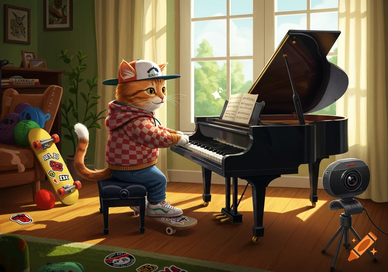 A cartoon cat wearing a checkered hoodie and baseball cap plays a grand piano by a window, with a skateboard nearby and a webcam in front.