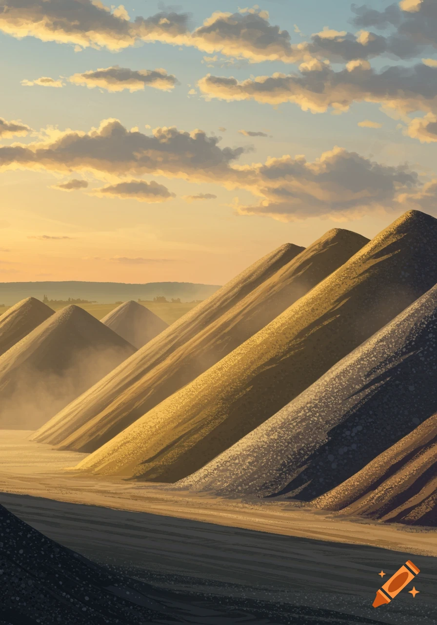 Large, stylized piles of aggregates in an industrial yard under a vibrant sunset sky with clouds.