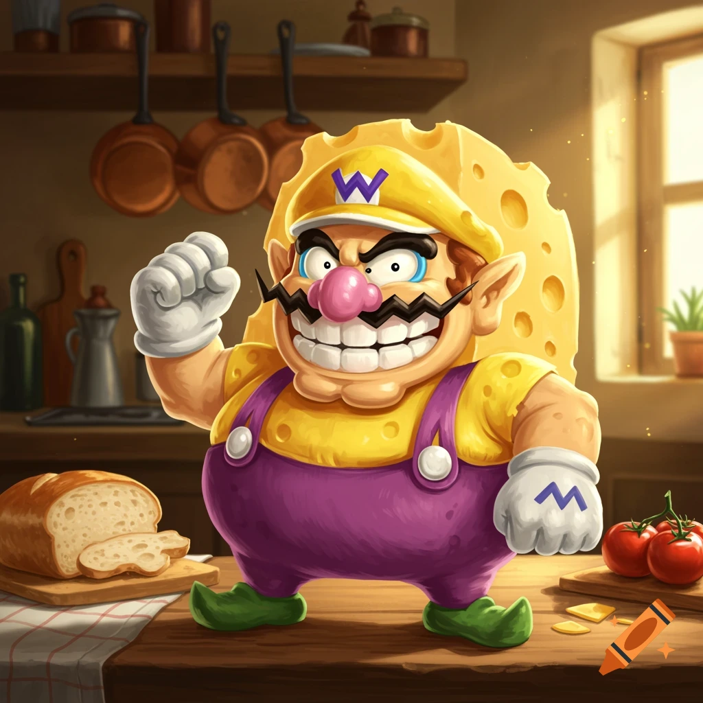 An illustration of Wario in a kitchen, wearing a yellow hat and shirt, and purple overalls, with large slices of Swiss cheese forming his hat and back, and his skin covered in small cheese holes. Bread, tomatoes, and other kitchen items are on the counter around him.
