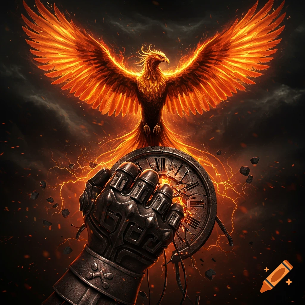 A fiery phoenix rises behind a gauntlet smashing a broken clock, against a dark, stormy sky with lightning.