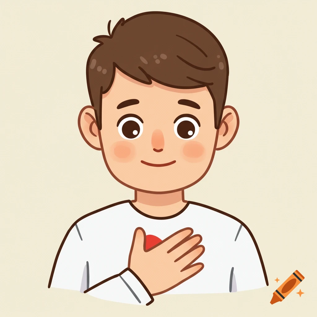 An emoji-style illustration of a smiling boy with his right hand over his heart, looking friendly and modest.