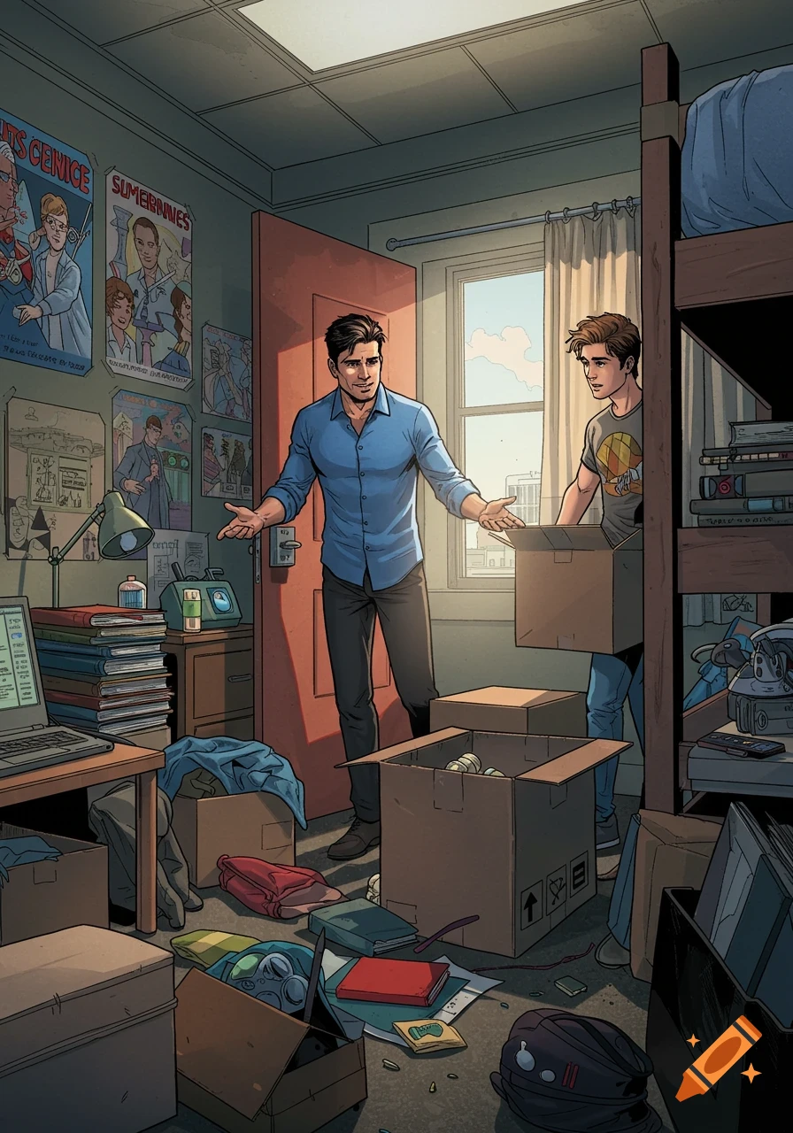 Two men in a messy college dorm room, one with arms outstretched, the other holding a box, in a comic art style.