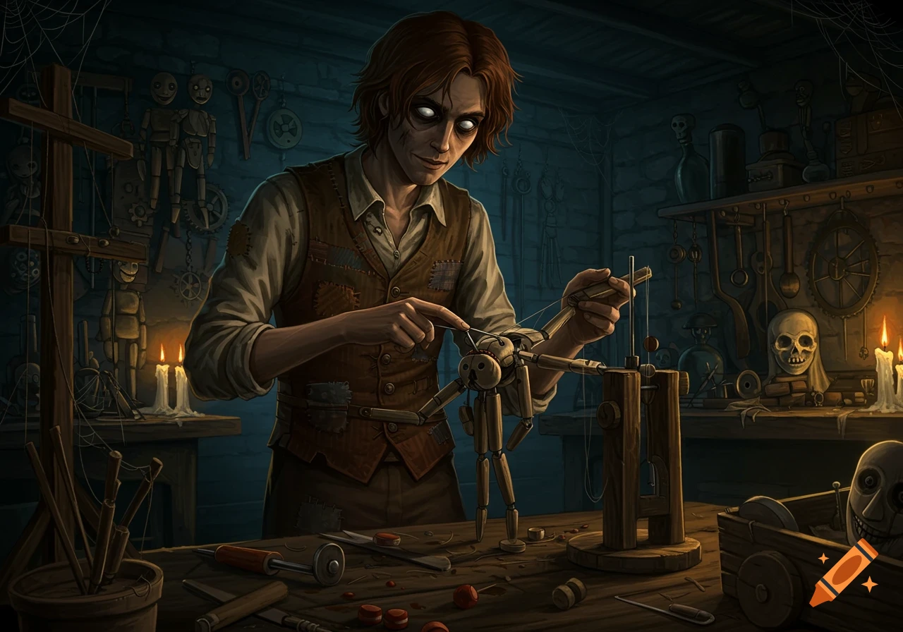 A man with glowing white eyes works on a wooden puppet in a dimly lit, cluttered workshop filled with tools, other puppets, and a skull.