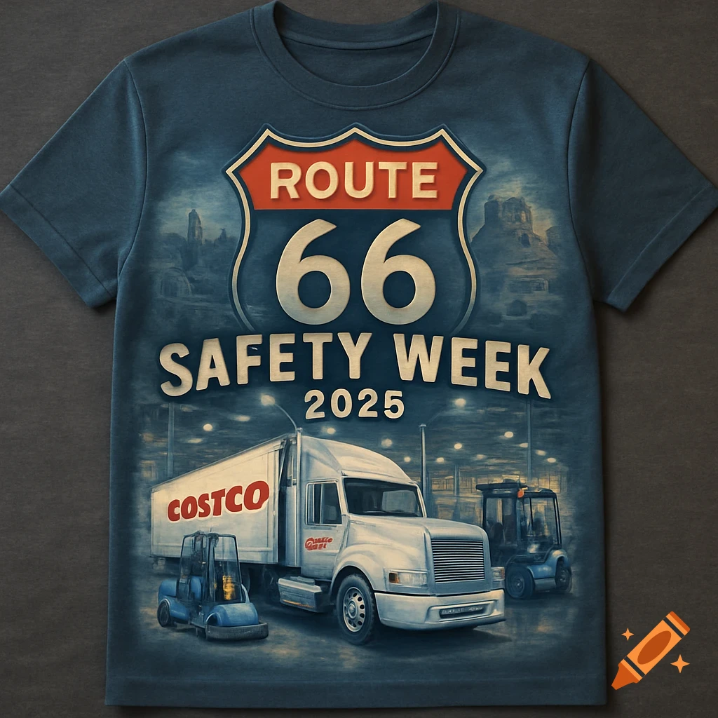 A blue t-shirt with a graphic design featuring a Route 66 shield, the text "SAFETY WEEK 2025", a Costco semi-truck, forklift, and sweeper machine in a warehouse setting.
