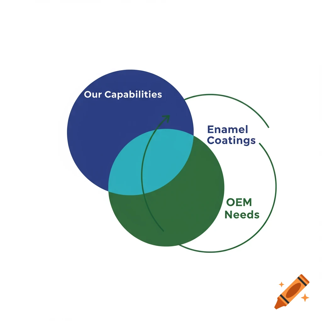 A Venn diagram showing a dark blue circle labeled 'Our Capabilities' overlapping a dark green circle labeled 'OEM Needs'. The overlapping teal section contains an upward green arrow and a green arc. 'Enamel Coatings' is written next to the teal section.