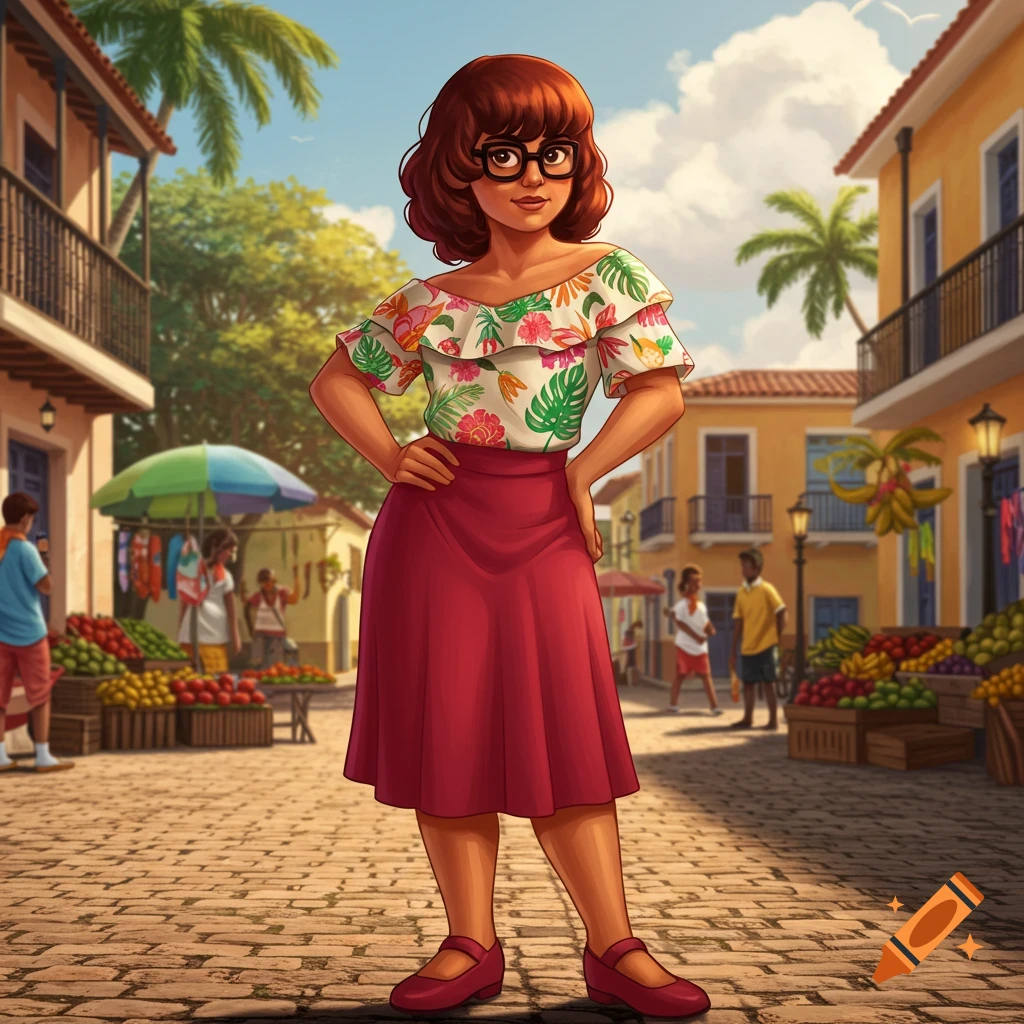 A cartoon woman with short brown hair and glasses, wearing a floral top and red skirt, stands in a vibrant tropical street market.