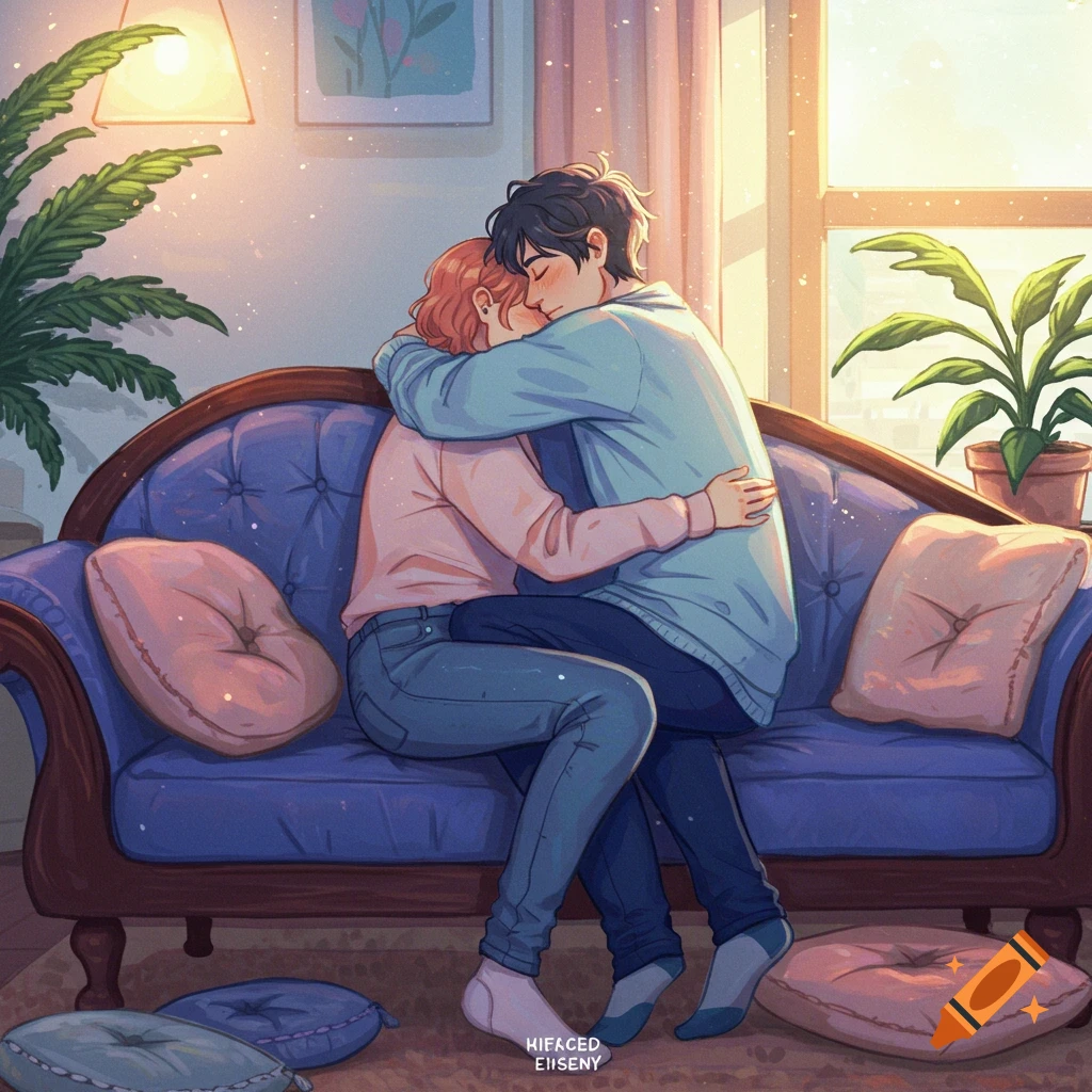 An illustration of a couple cuddling on a blue couch in a warmly lit living room, looking tender and intimate.