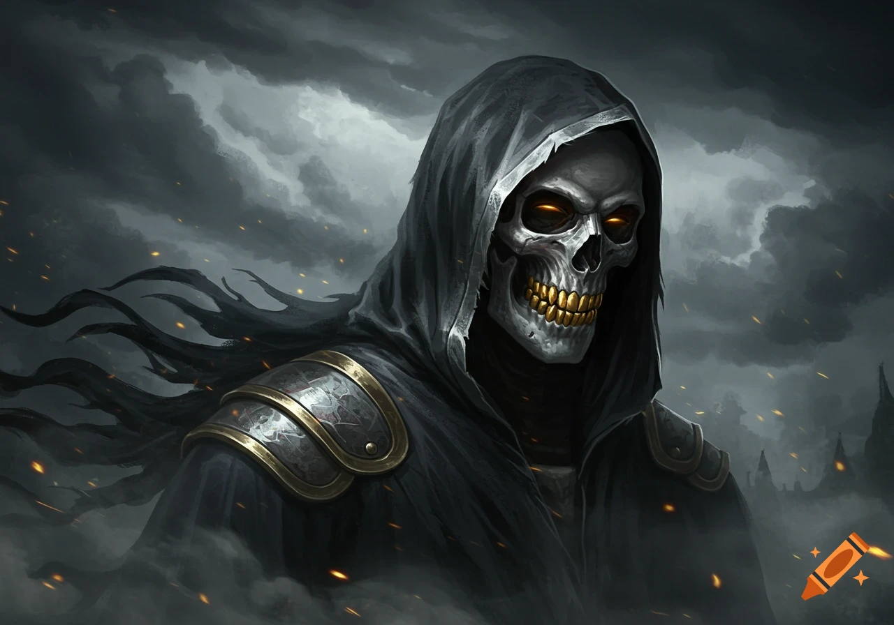 Digital painting of a grim reaper with a skull face, glowing orange eyes, and gold teeth, wearing a dark hooded cloak and armor against a stormy, ember-filled sky.