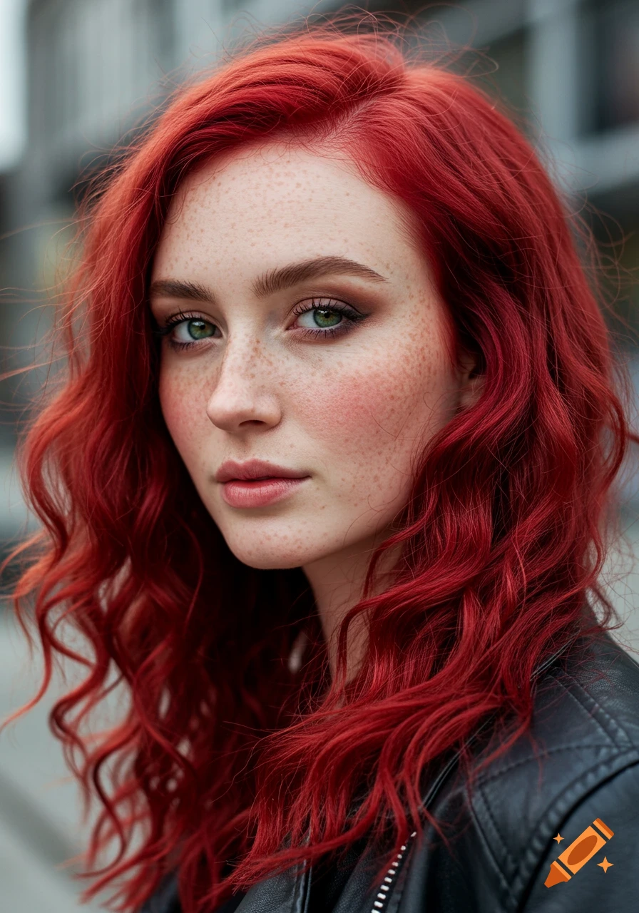 Photorealistic portrait of a woman with long ruby red hair, green eyes, and freckles, wearing a black leather jacket.