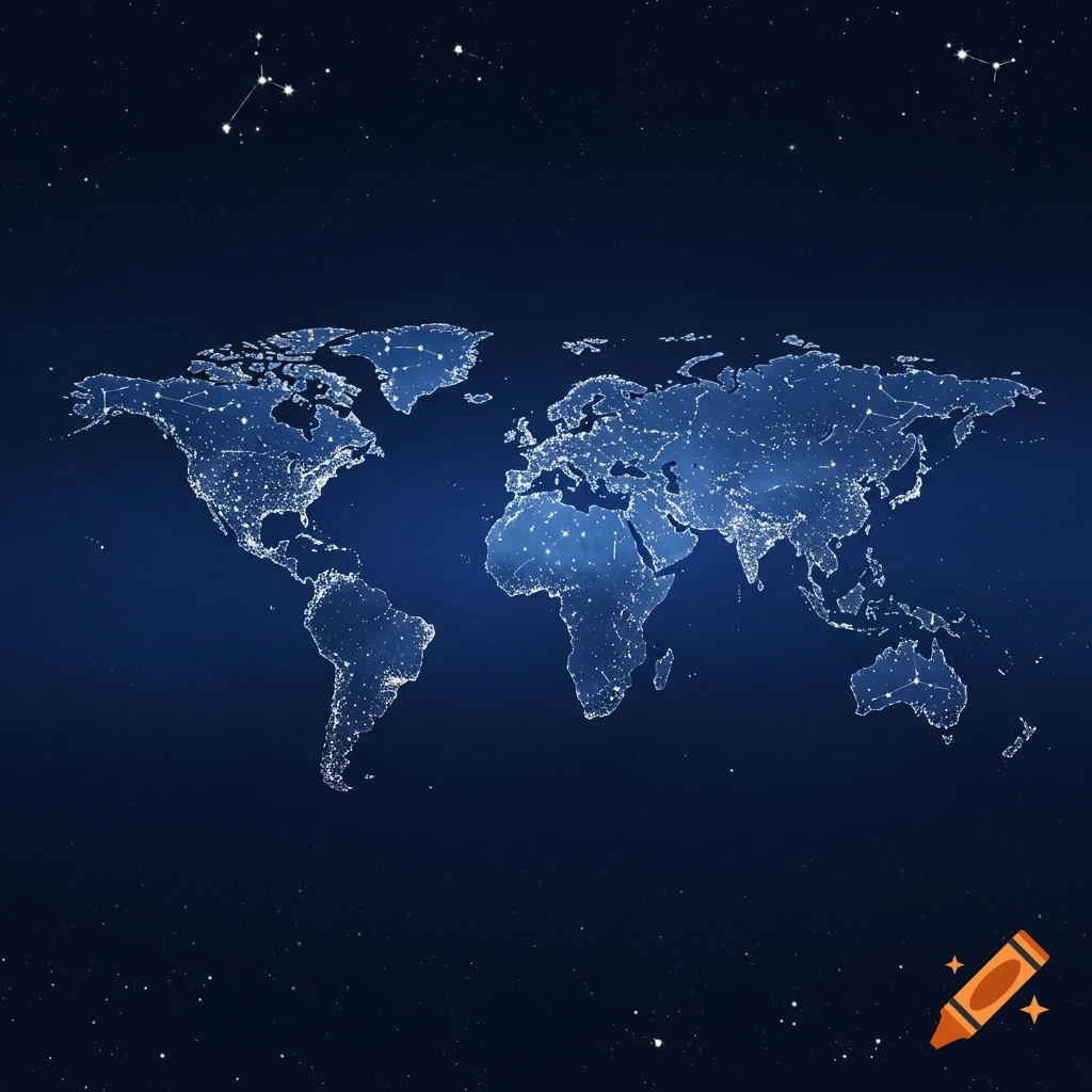 A dark blue world map showing illuminated cities against a starry night sky with visible constellations.