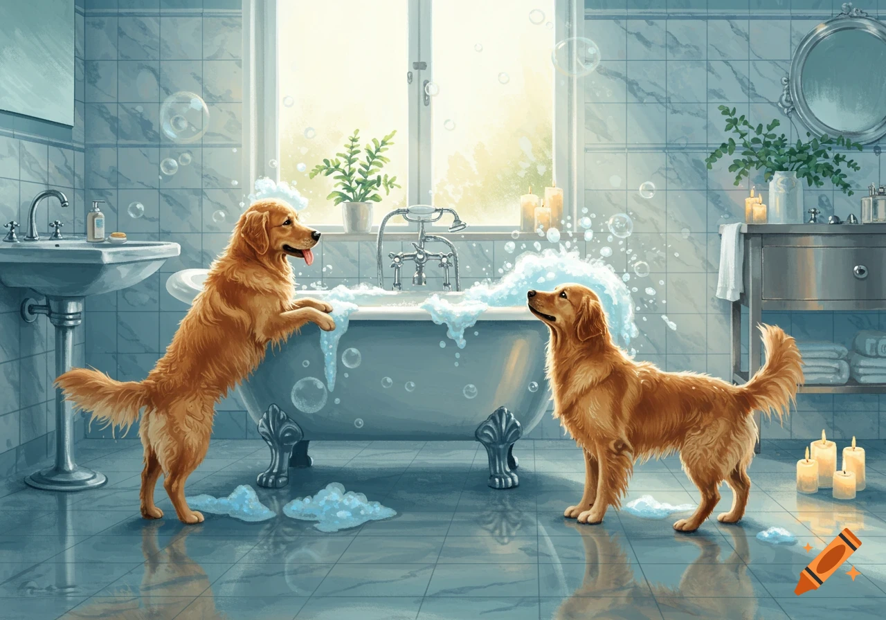 Two golden retrievers in a bubbly bathtub in a bright, tiled bathroom.
