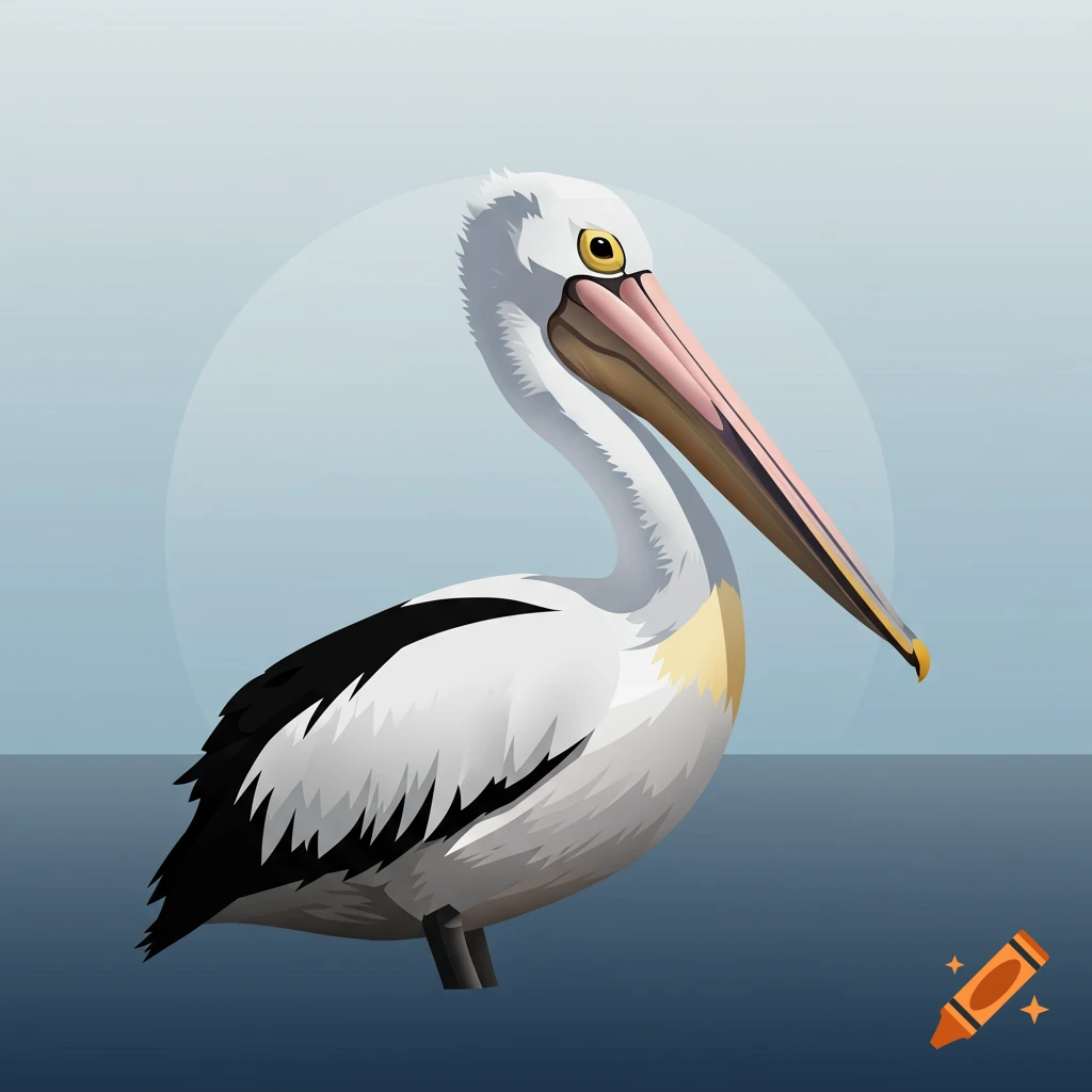 An illustrated white pelican with black and yellow markings stands against a light blue and dark blue background.