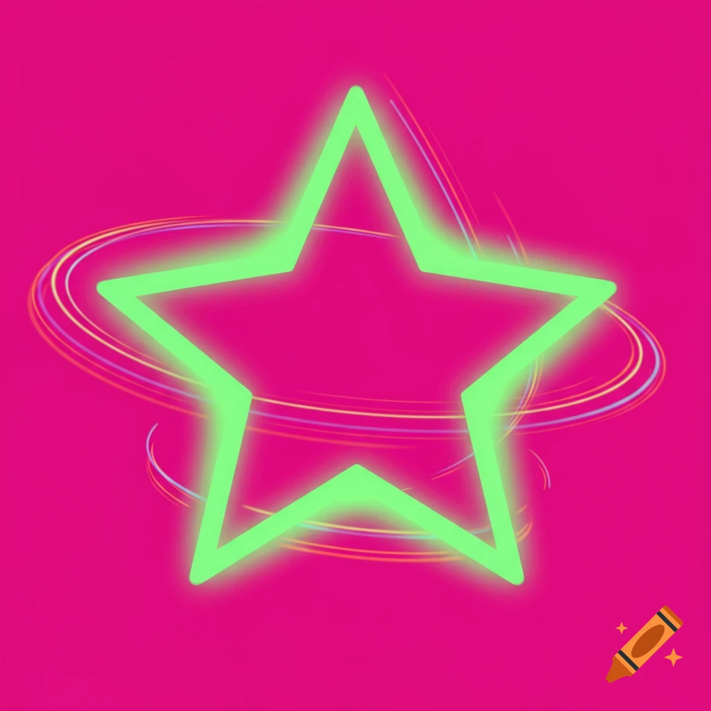A vibrant neon green star with swirling colorful rings on a hot pink background.