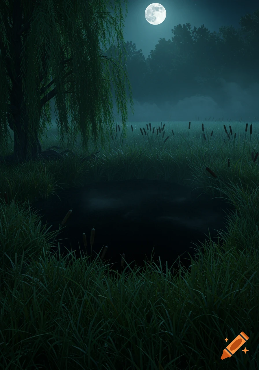 Photorealistic image of a dark pond at night under a full moon, surrounded by tall grass and cattails, with a weeping willow tree on the left.
