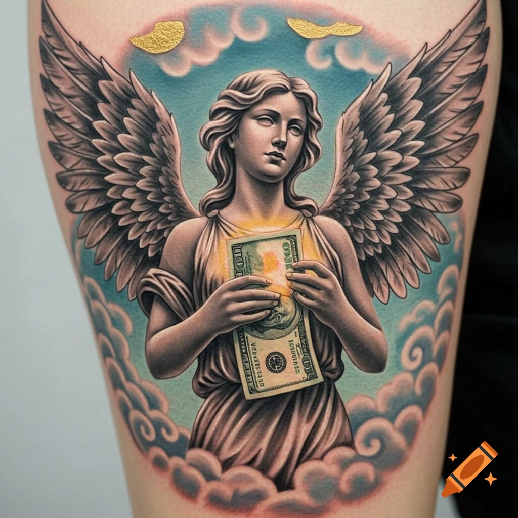 A colorful tattoo of an angel with large wings, surrounded by clouds, holding a hundred dollar bill to its chest. The tattoo is on a person's leg.