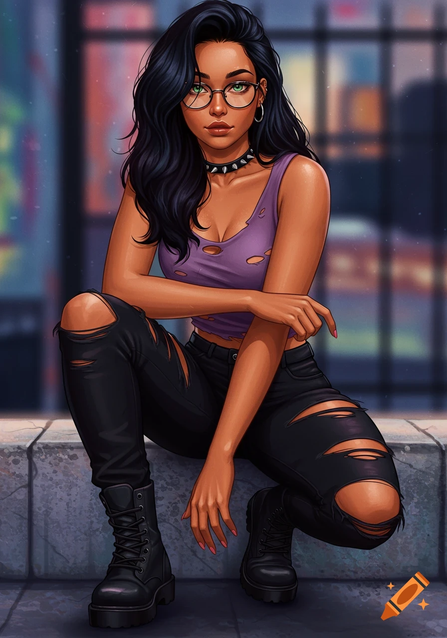 Digital art of a woman with dark skin, green eyes, long black hair, and glasses, crouching on a ledge in a distressed purple tank top, ripped black jeans, and combat boots.