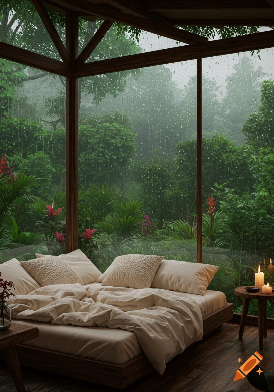 A cozy bedroom with a bed looking out through large glass windows at a lush, rainy rainforest.