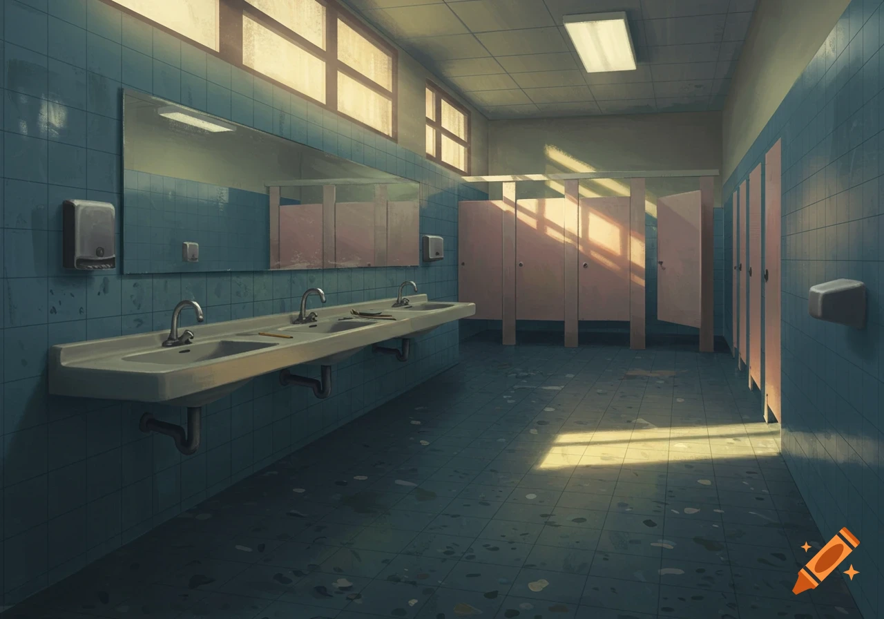An empty school bathroom with blue tiled walls, a long white sink counter with multiple faucets, and light pink toilet stalls. Sunlight streams through high windows, casting shadows on the floor.