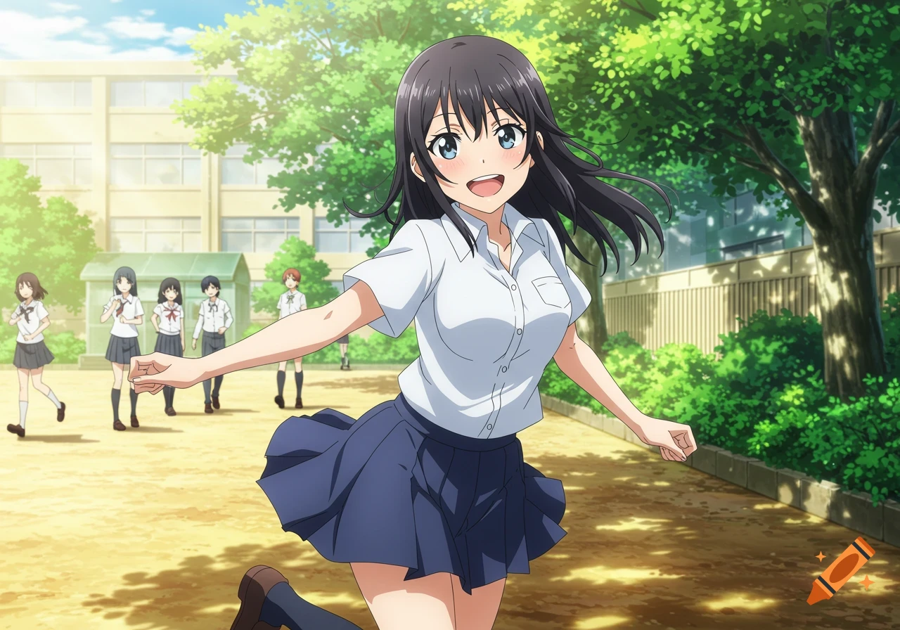 A cheerful anime girl in a school uniform runs through a sunny schoolyard, with other students in the background.
