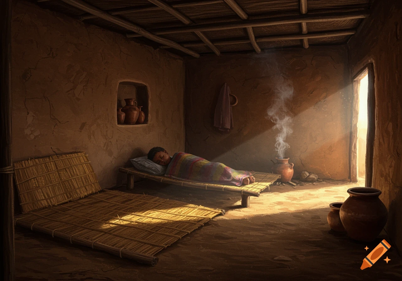 A child sleeps on a straw mat in a dimly lit mudbrick room with clay pots and sunbeams, painted style.