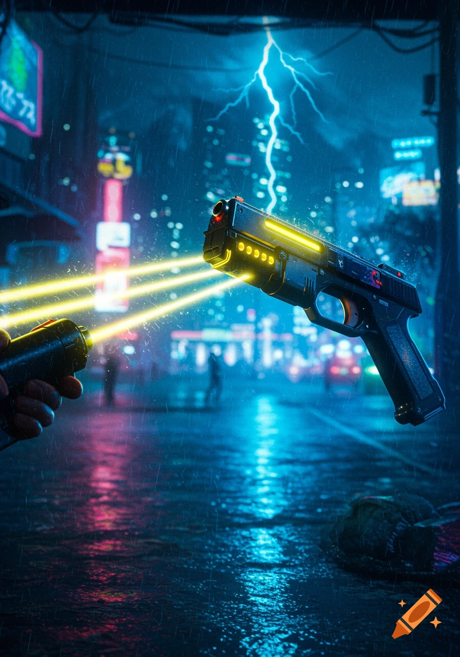 A futuristic gun and taser glow with yellow light in a rainy cyberpunk city at night with neon signs and lightning.