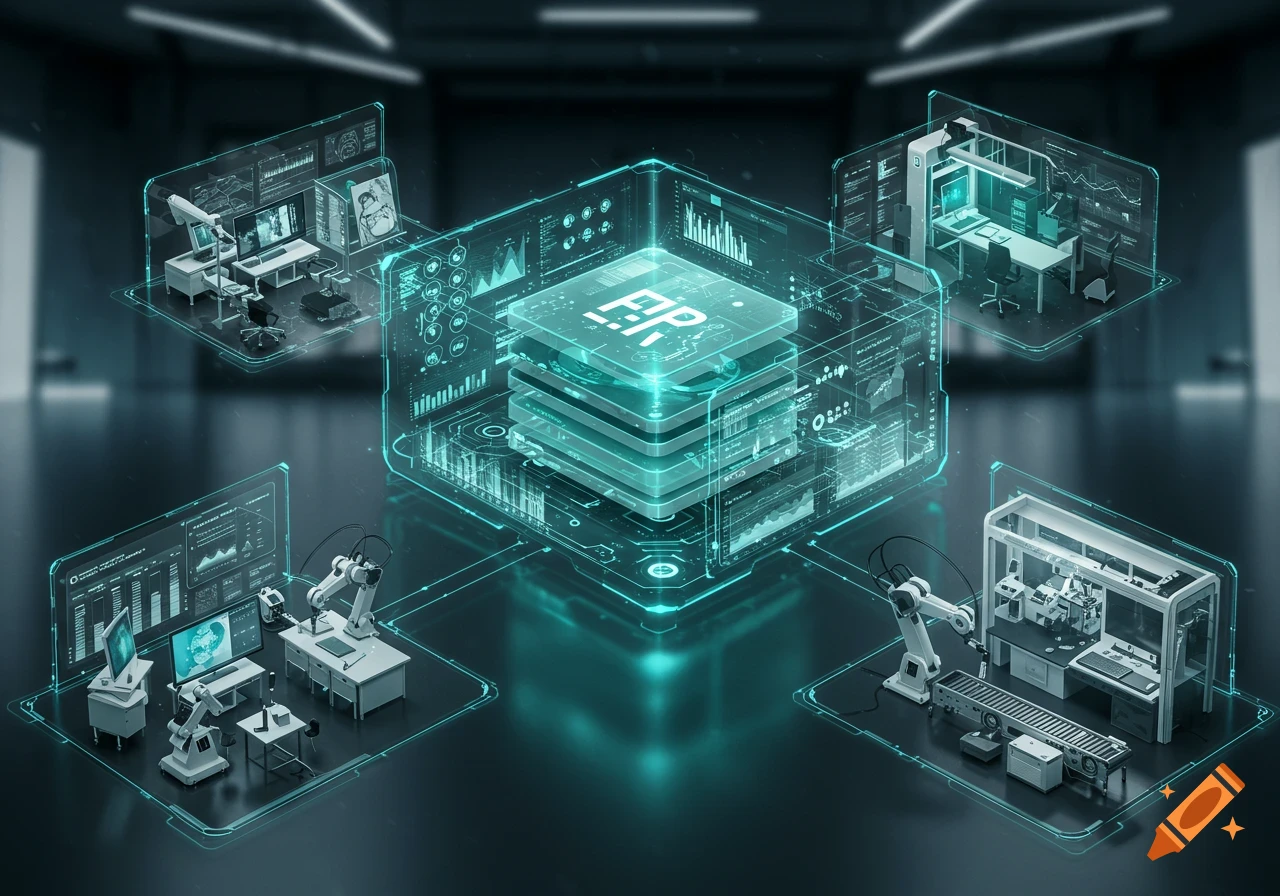 Futuristic digital rendering of an Enterprise Resource Management system, showing data flow between various stations with robotic arms and screens.