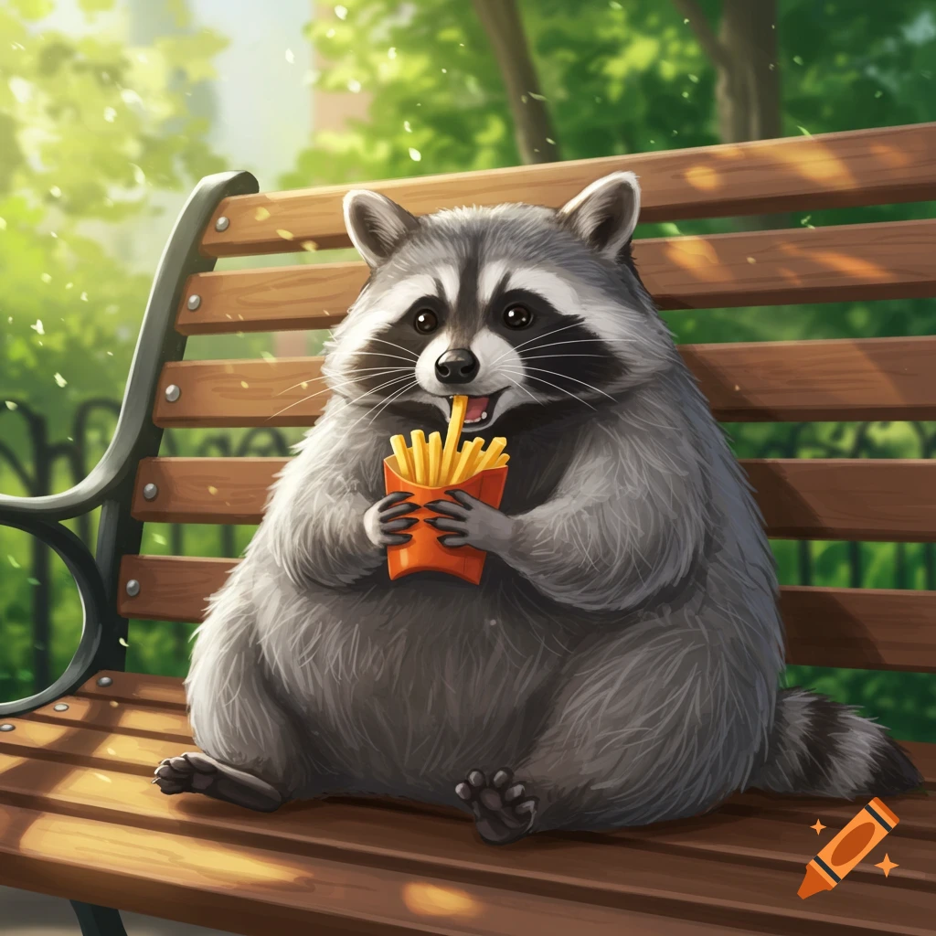 A plump, cartoonish raccoon sits on a wooden park bench, happily eating french fries from a red container. The background is a blurry green park.