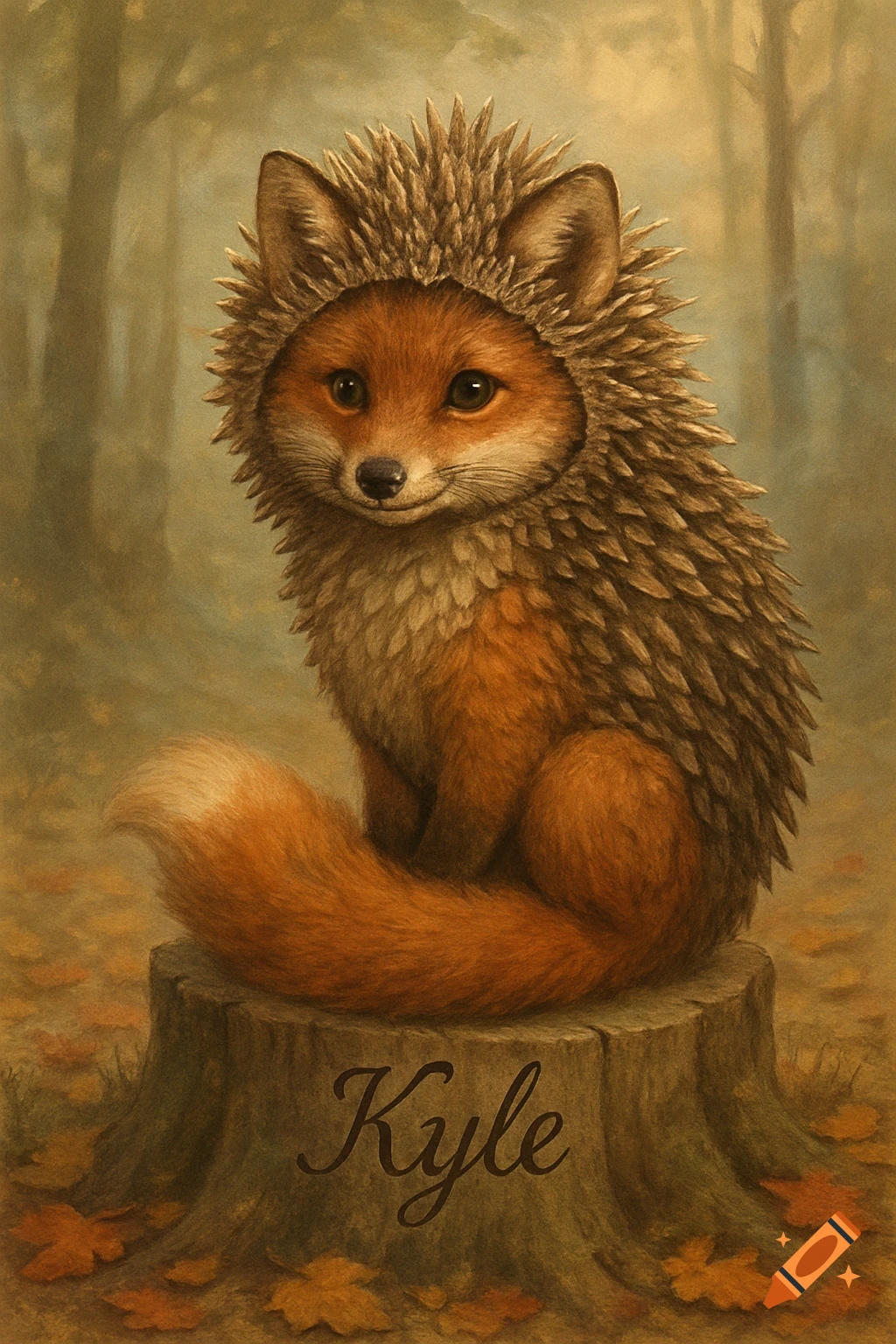 A cute fox in a hedgehog costume sits on a tree stump in a forest with the name Kyle carved into it.