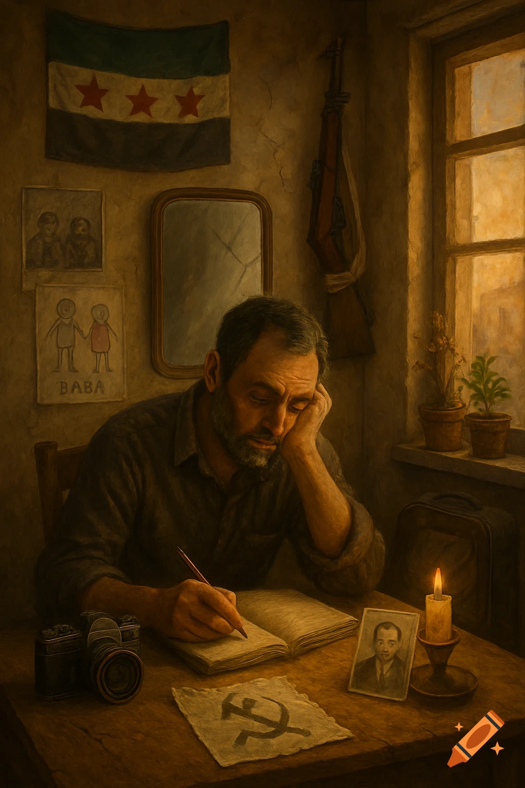 A solemn man with a beard sits at a wooden table in a dimly lit room, writing in a notebook by candlelight. An old camera, a photo, and a paper with a hammer and sickle symbol are on the table. A Syrian flag hangs on the cracked wall with children's drawings.
