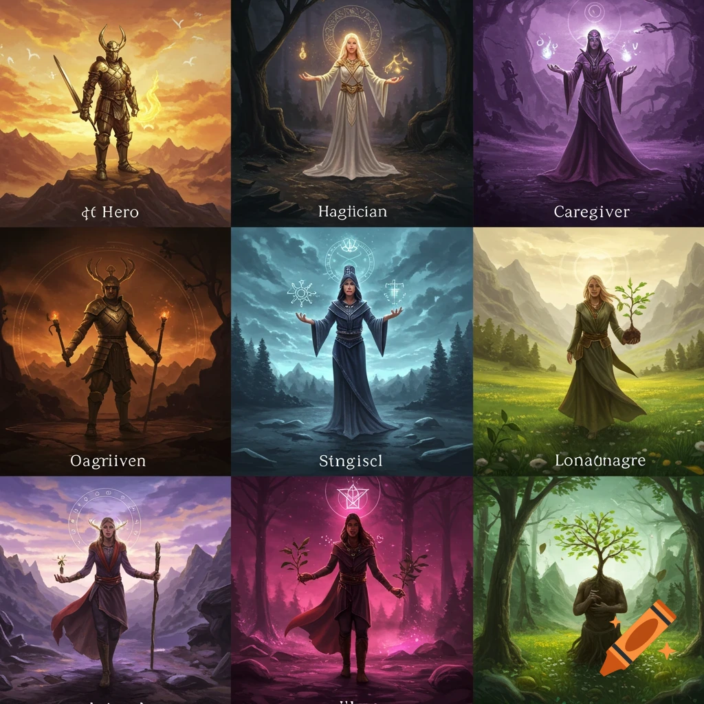A 3x3 grid displaying nine different fantasy characters, including warriors, mages, and nature-themed figures, each in a unique setting.