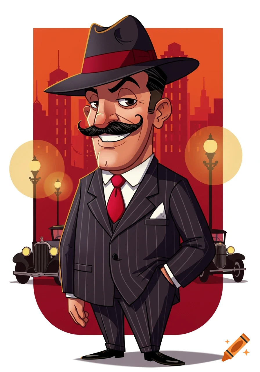 A cartoon illustration of a dapper man with a mustache wearing a pinstripe suit and fedora, standing in front of vintage cars and city buildings.