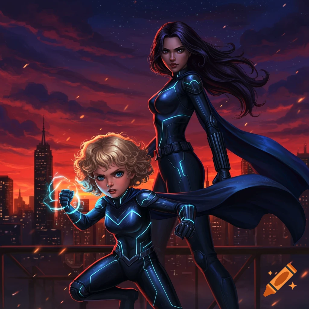 Two female superheroes in dark, glowing suits on a city rooftop at sunset. A short blonde girl kneels while a tall dark-haired woman stands behind her.
