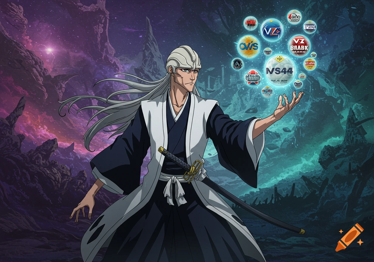 White-haired anime character in kimono holds glowing bubbles with logos against a cosmic background.