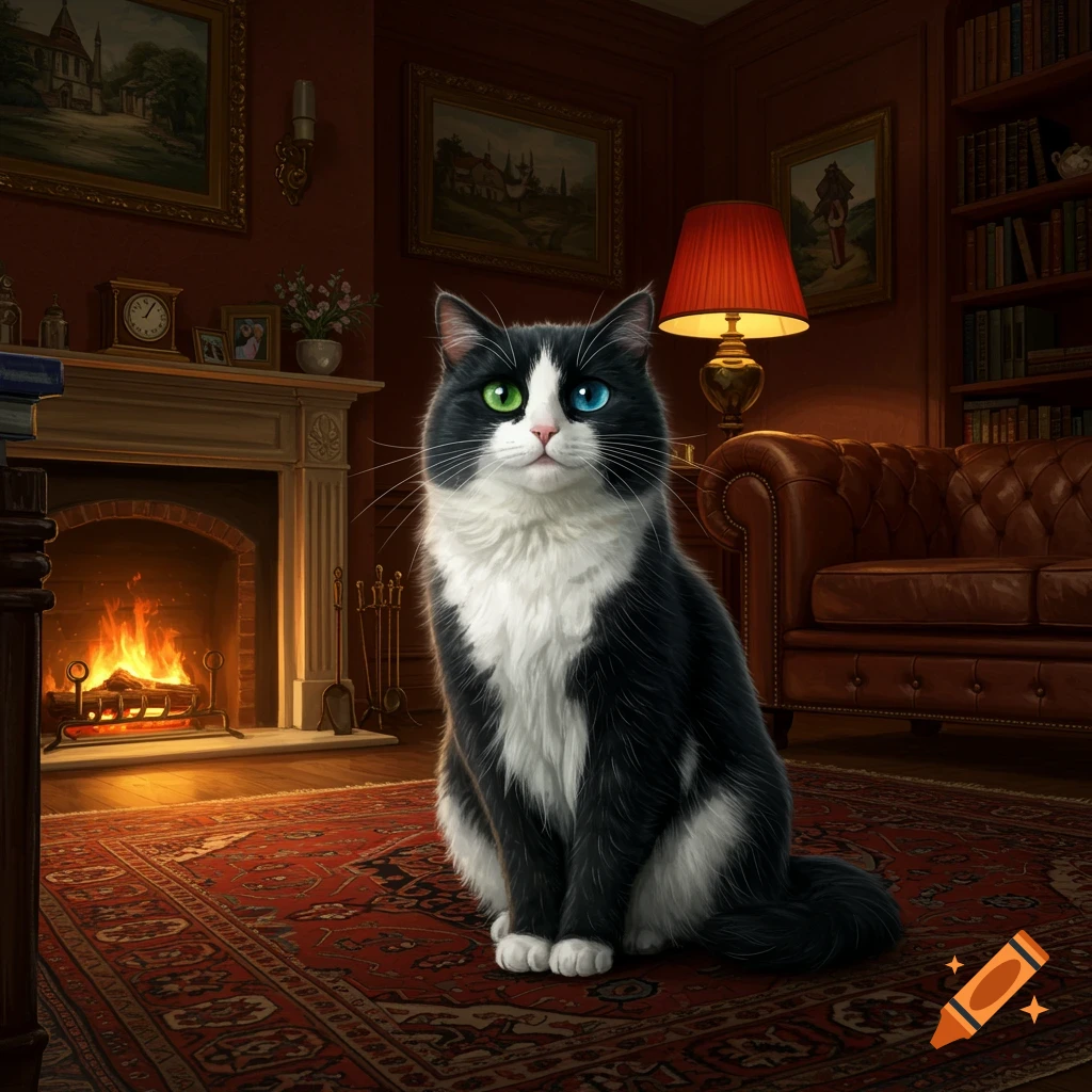 A photorealistic black and white cat with heterochromia (one green, one blue eye) sits on a red rug in a cozy room with a fireplace and bookshelf.