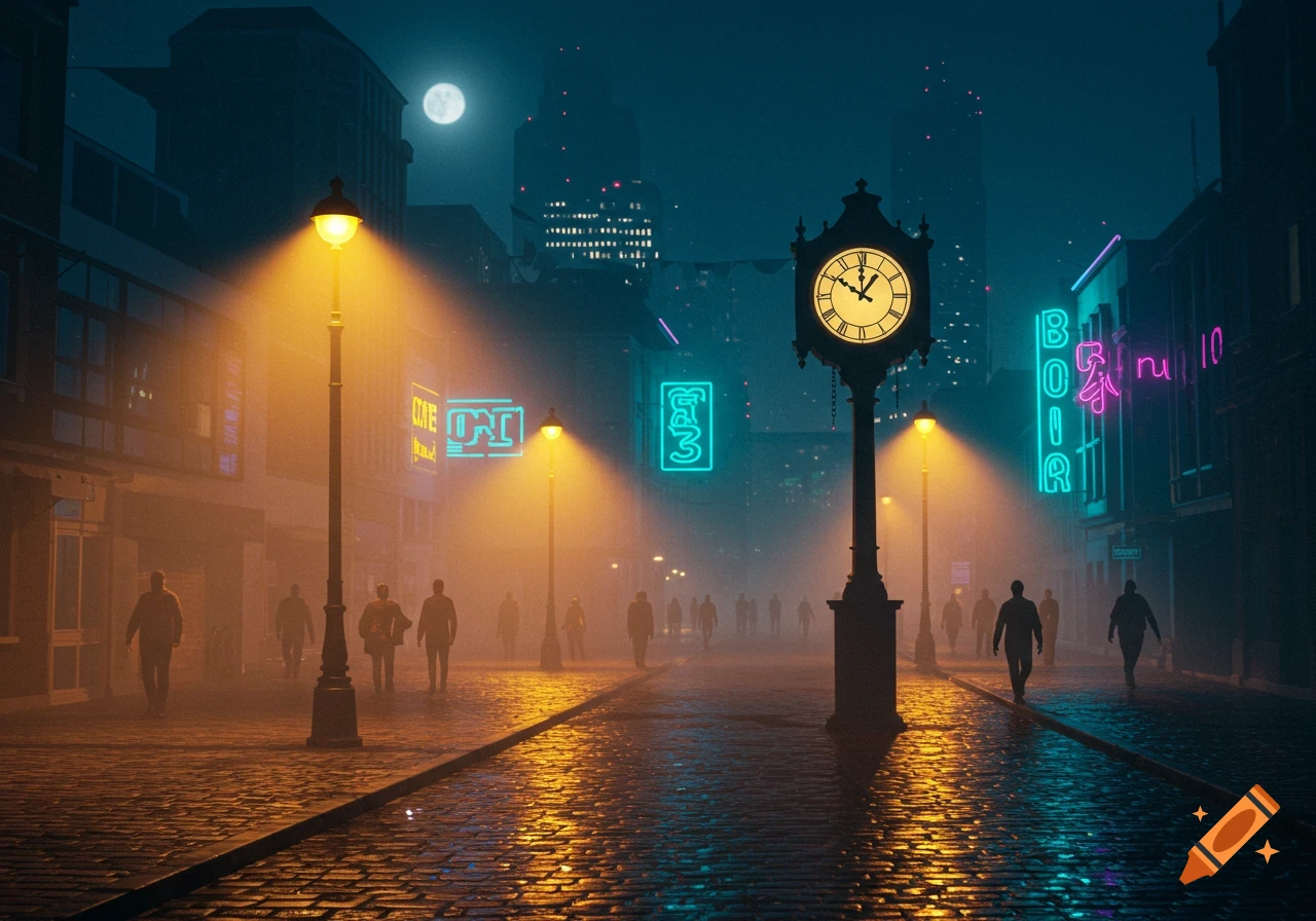 A dark, foggy city street at night with a full moon, illuminated by orange streetlights and colorful neon signs. Silhouetted people walk on the wet cobblestones.