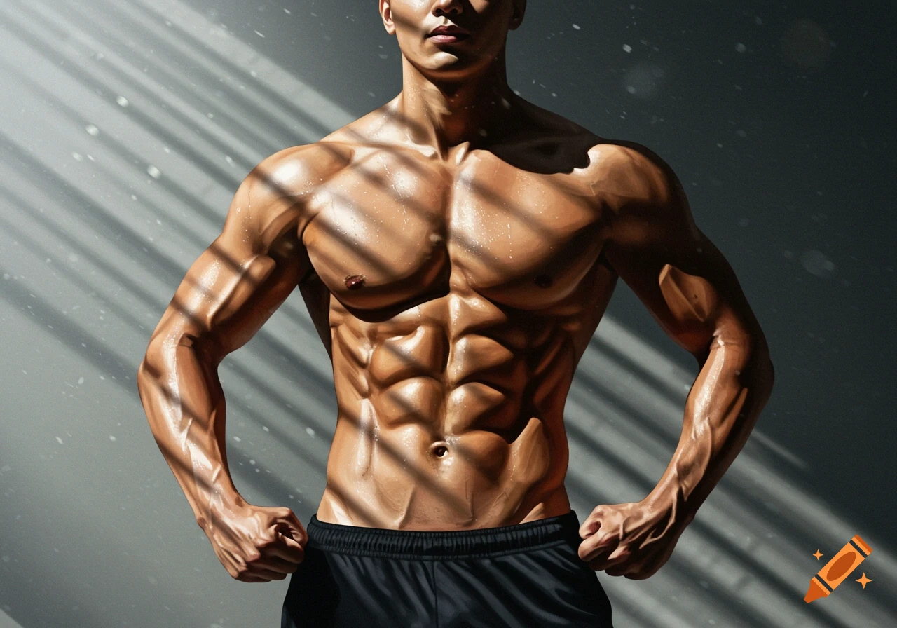 A muscular man with a six-pack and biceps, lit by sunlight through blinds, in a photorealistic style.