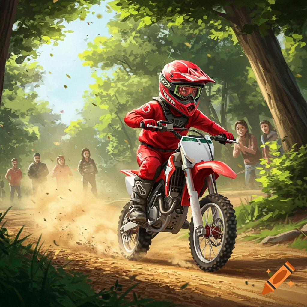 A child in red racing gear rides a dirt bike on a dusty forest path, with spectators in the background. Digital art style.