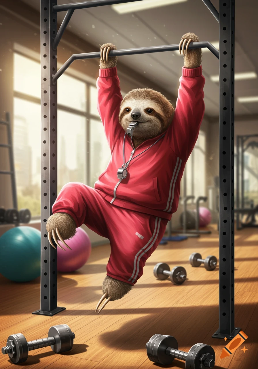 An anthropomorphic sloth in a red tracksuit and whistle hangs from a pull-up bar in a brightly lit gym.
