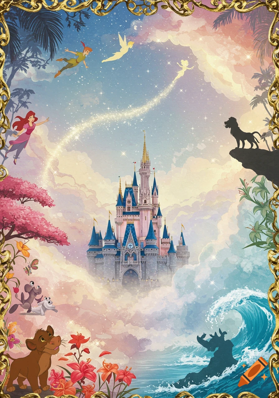 Whimsical illustration of Disney castle in clouds with Peter Pan, Ariel, Simba, and other characters, surrounded by a golden frame.